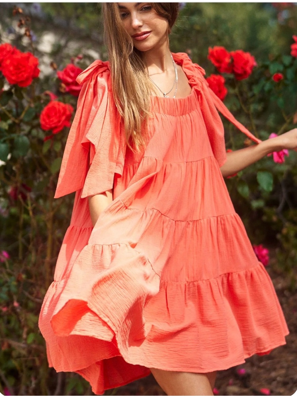 DAVI & DANI Coral-Orange Tiered Tie-Strap Summer Dress